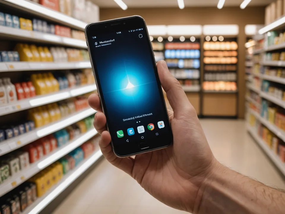 Close-up of a hand holding a smartphone scanning a product barcode in a store