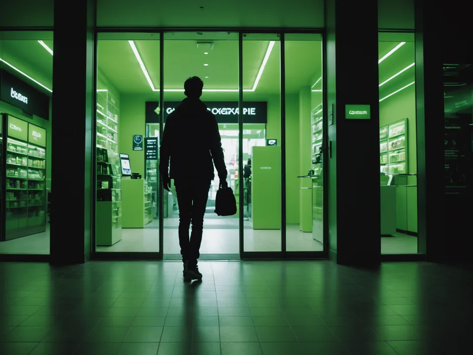 Person walking toward a store exit door looking at a phone screen showing a green confirmation
